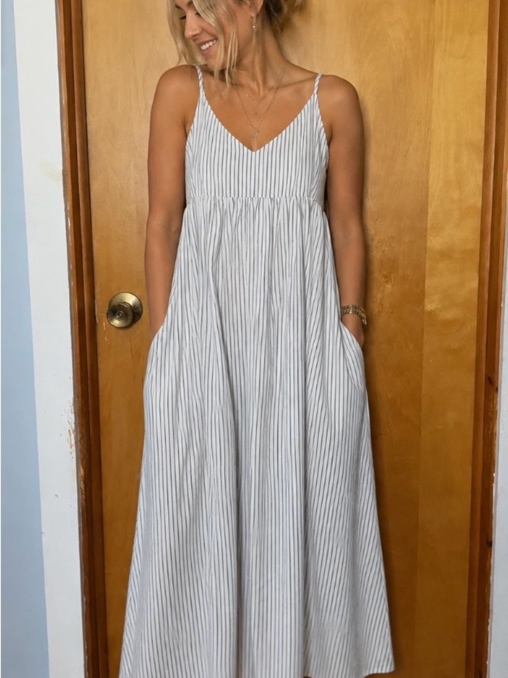 Jenni Kayne White and Gray Striped Spaghetti Strap Maxi Dress